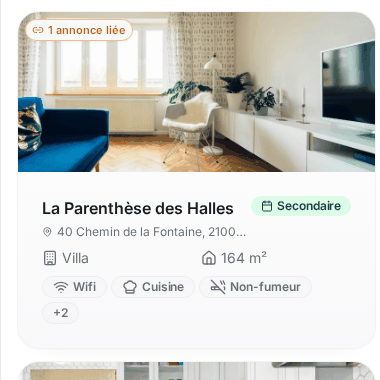 La carte du logement « La Parenthèse des Halles » dans la liste des logements, avec le badge « 1 annonce liée » en haut à gauche de la photo