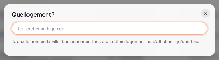 La première étape de « Nouveau trousseau » : la fenêtre « Quel logement ? » avec le champ « Rechercher un logement » et la mention « Tapez le nom ou la ville. Les annonces liées à un même logement ne s’affichent qu’une fois. »