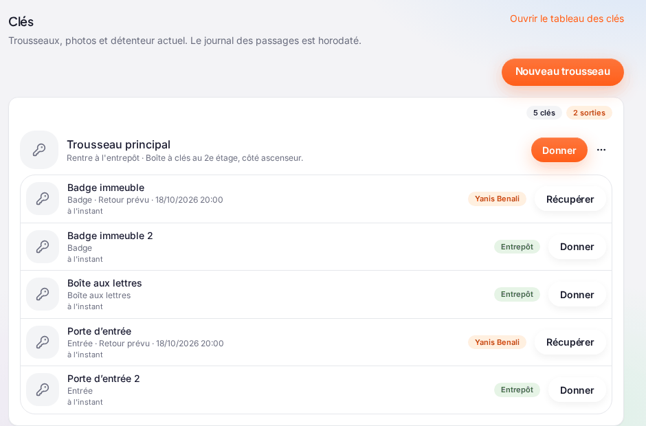 La fiche du logement « La Parenthèse du Vieux Port », section « Clés » : le trousseau « Trousseau principal » (« Rentre à l’entrepôt · Boîte à clés au 2e étage, côté ascenseur »), ses 5 clés dont 2 sorties, et pour chaque clé son type, son détenteur (« Yanis Benali » avec le retour prévu, ou « Entrepôt ») et le bouton « Récupérer » ou « Donner »