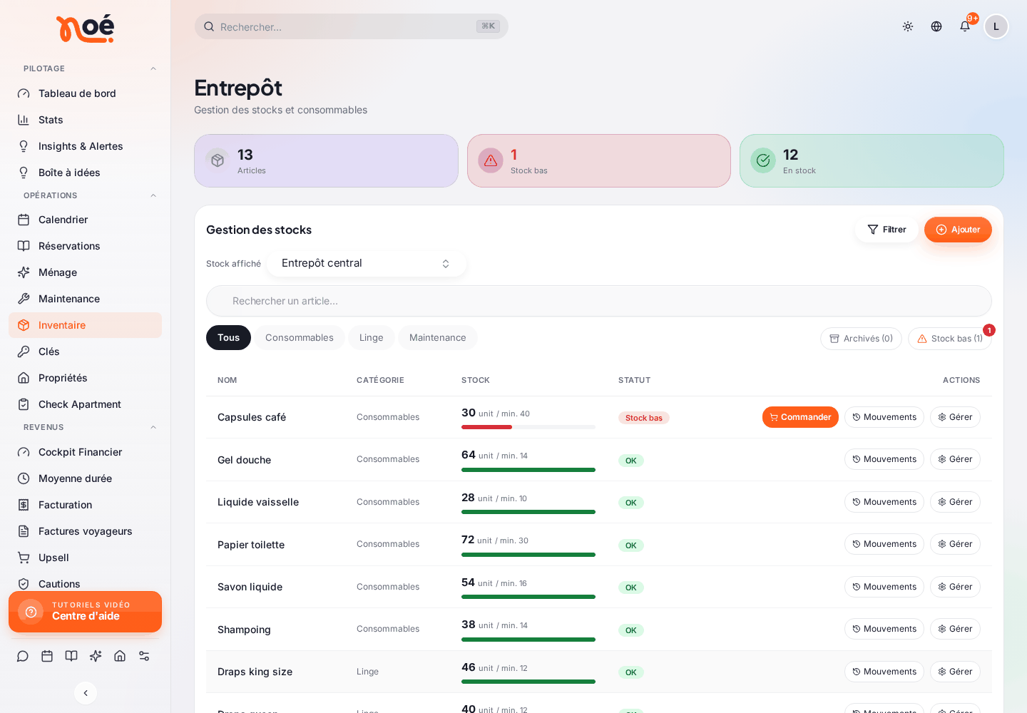 La page « Entrepôt » : les compteurs « Articles », « Stock bas » et « En stock », puis « Gestion des stocks » avec « Filtrer » et « Ajouter », le menu « Stock affiché » sur « Entrepôt central », la recherche, les filtres « Tous », « Consommables », « Linge », « Maintenance », « Archivés » et « Stock bas », et la liste des articles (Capsules café, Gel douche, Liquide vaisselle, Papier toilette…) avec catégorie, stock, minimum, barre de niveau, statut « OK » et les boutons « Mouvements » et « Gérer »