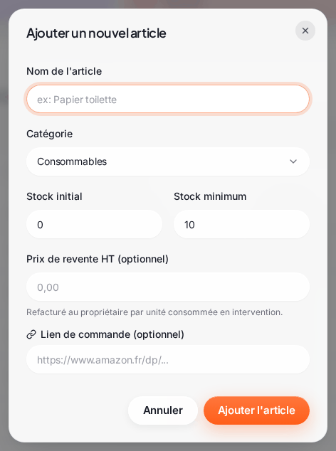 La fenêtre « Ajouter un nouvel article » : « Nom de l’article », « Catégorie » (Consommables), « Stock initial », « Stock minimum », « Prix de revente HT (optionnel) », « Lien de commande (optionnel) » et le bouton « Ajouter l’article »