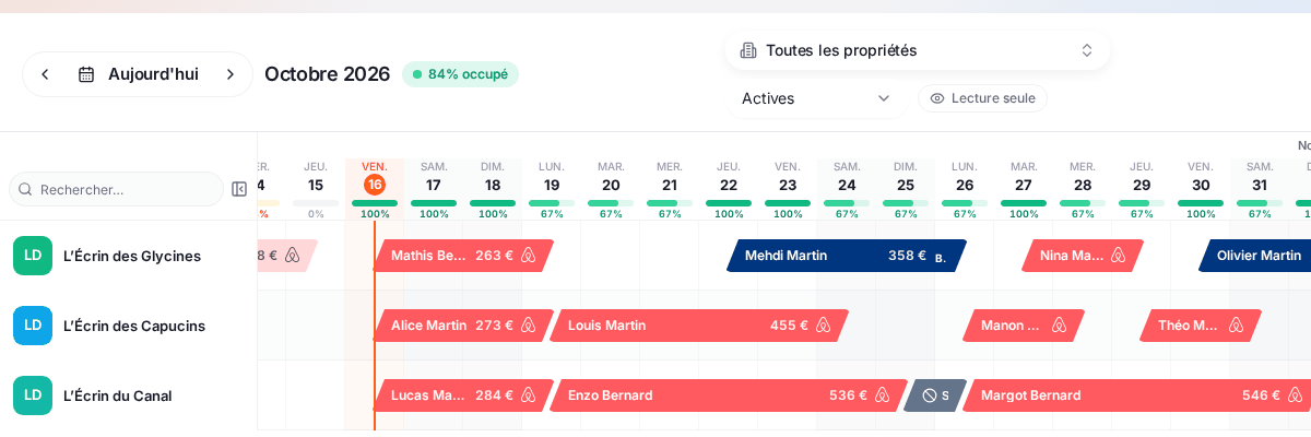 Le calendrier du propriétaire : « Octobre 2026 · 84 % occupé », le choix « Toutes les propriétés », le filtre « Actives », la mention « Lecture seule », et une ligne par logement (L’Écrin des Glycines, L’Écrin des Capucins, L’Écrin du Canal) avec les séjours et leur montant