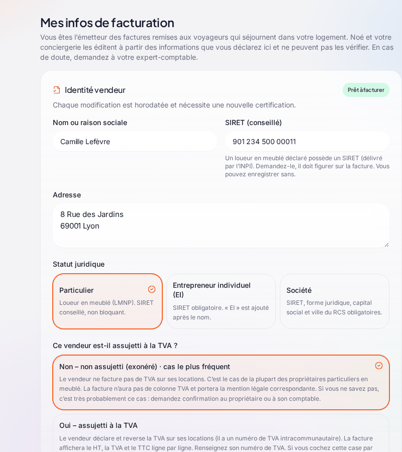 La page « Mes infos de facturation » : la carte « Identité vendeur » (« Prêt à facturer ») avec « Nom ou raison sociale », « SIRET (conseillé) », « Adresse », le « Statut juridique » (Particulier, Entrepreneur individuel, Société) et la question « Ce vendeur est-il assujetti à la TVA ? »