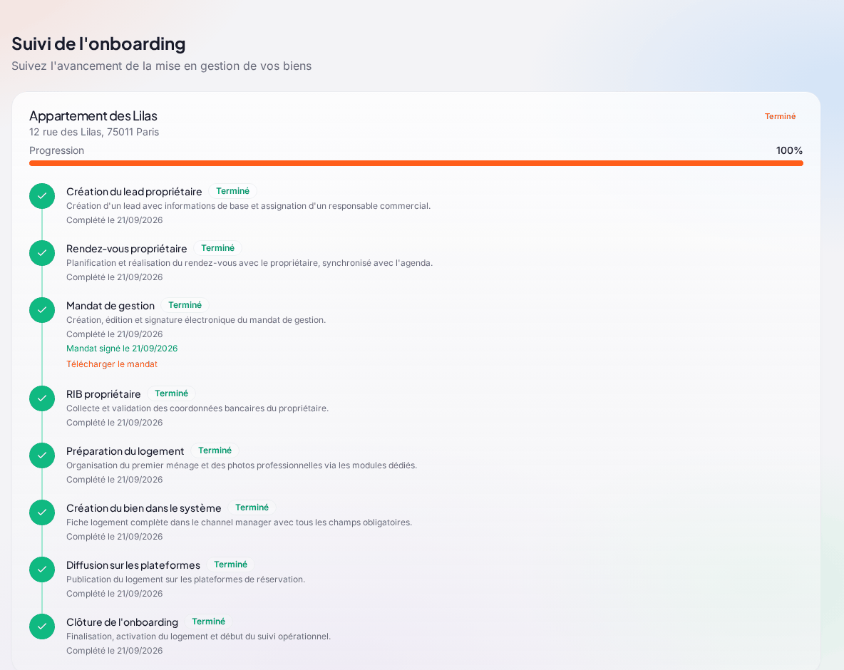 La page « Suivi de l’onboarding » : le logement « Appartement des Lilas » (« Terminé », progression 100 %) et ses huit étapes cochées, de « Création du lead propriétaire » à « Clôture de l’onboarding », avec leur date et, pour le mandat, le lien « Télécharger le mandat »