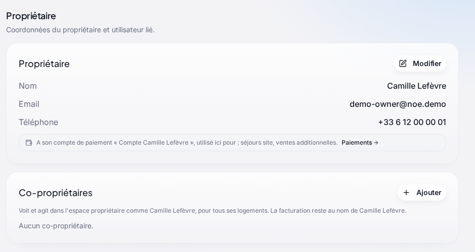 La section « Propriétaire » de « L’Écrin du Canal » : la carte « Propriétaire » (Camille Lefèvre, e-mail, téléphone, bouton « Modifier ») avec le rappel « A son compte de paiement « Compte Camille Lefèvre », utilisé ici pour : séjours site, ventes additionnelles » et le lien « Paiements », puis la carte « Co-propriétaires » (« Aucun co-propriétaire », bouton « Ajouter »)
