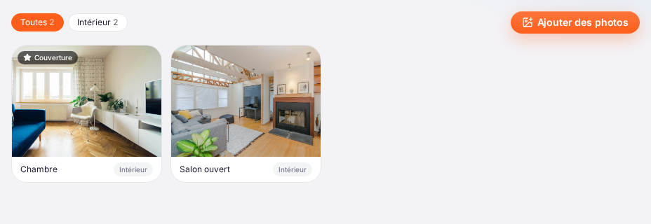 La section « Photos » de la fiche : les catégories avec leur nombre (« Toutes 2 », « Intérieur 2 »), le bouton « Ajouter des photos » et les photos du logement, avec le badge « Couverture » sur la première, leur légende et leur catégorie (« Chambre », « Salon ouvert »)
