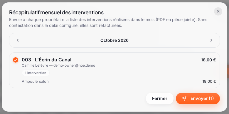 La fenêtre « Récapitulatif mensuel des interventions » sur octobre 2026 : le propriétaire Camille Lefèvre est coché pour L’Écrin du Canal, avec « 1 intervention » (Ampoule salon, 18,00 €) ; en bas les boutons « Fermer » et « Envoyer (1) »