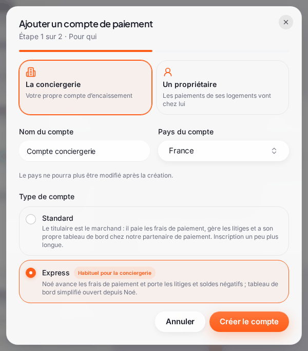 La fenêtre « Ajouter un compte de paiement », étape 1 « Pour qui » : la carte « La conciergerie » est choisie, puis les champs « Nom du compte » (« Compte conciergerie ») et « Pays du compte » (France), le choix « Type de compte » avec « Express » coché (« Habituel pour la conciergerie »), et les boutons « Annuler » et « Créer le compte »