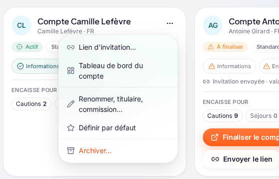Le menu des trois points ouvert sur la carte « Compte Camille Lefèvre » : « Lien d’invitation… », « Tableau de bord du compte », « Renommer, titulaire, commission… », « Définir par défaut » et « Archiver… » en rouge