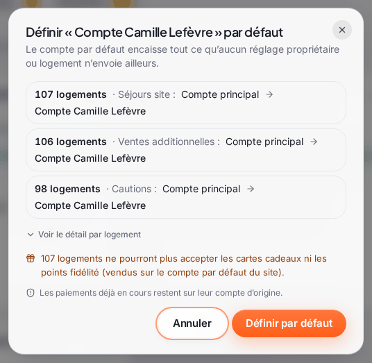 La fenêtre « Définir « Compte Camille Lefèvre » par défaut » : trois lignes de changement (« 107 logements · Séjours site : Compte principal → Compte Camille Lefèvre », « 106 logements · Ventes additionnelles », « 98 logements · Cautions »), le lien « Voir le détail par logement », l’avertissement sur les cartes cadeaux et points fidélité, et les boutons « Annuler » et « Définir par défaut »