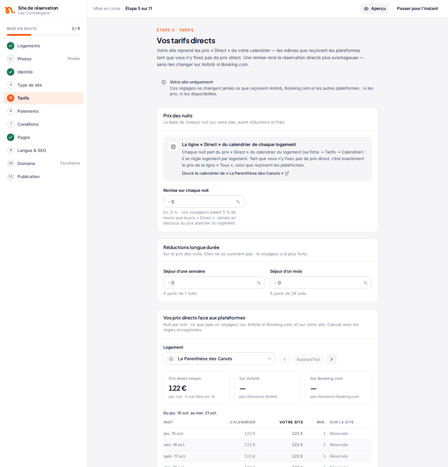 Étape 5 de l’assistant : remise sur chaque nuit, réductions longue durée et comparaison des prix avec les plateformes