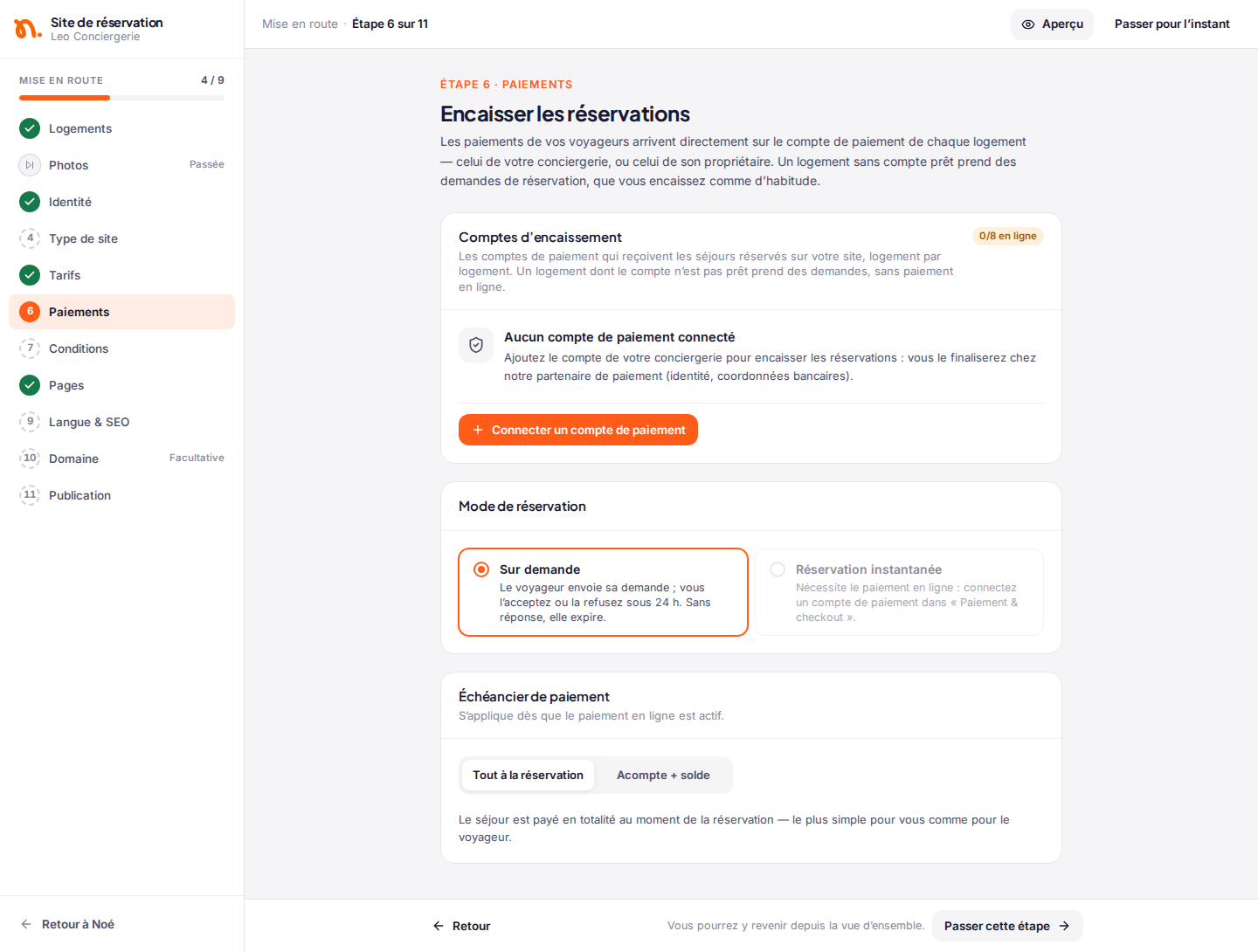 Étape 6 de l’assistant : comptes d’encaissement, mode de réservation « Sur demande » ou « Réservation instantanée », et échéancier de paiement