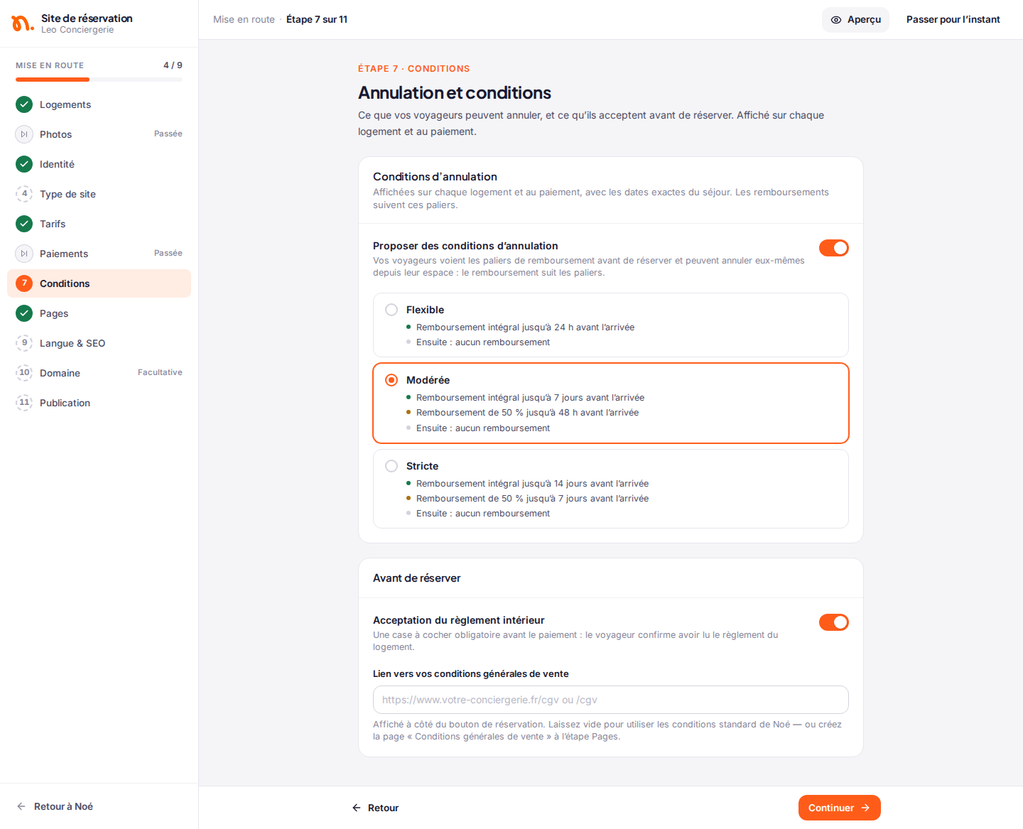 Étape 7 de l’assistant : conditions d’annulation Flexible, Modérée ou Stricte, règlement intérieur et lien vers les conditions générales de vente