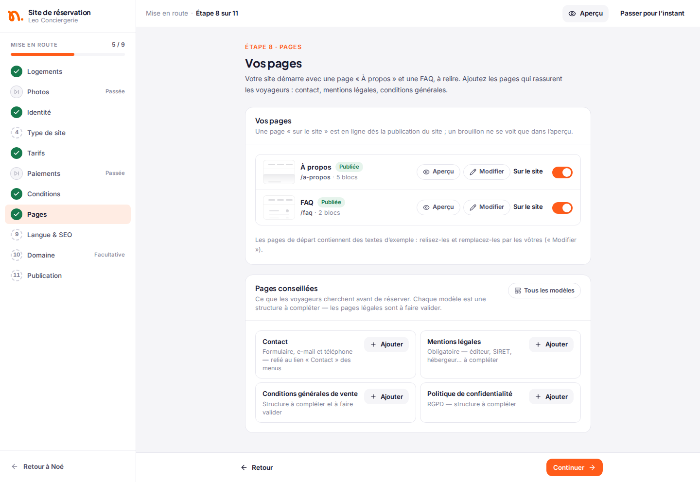 Étape 8 de l’assistant : les pages « À propos » et « FAQ » de départ, et les pages conseillées à ajouter