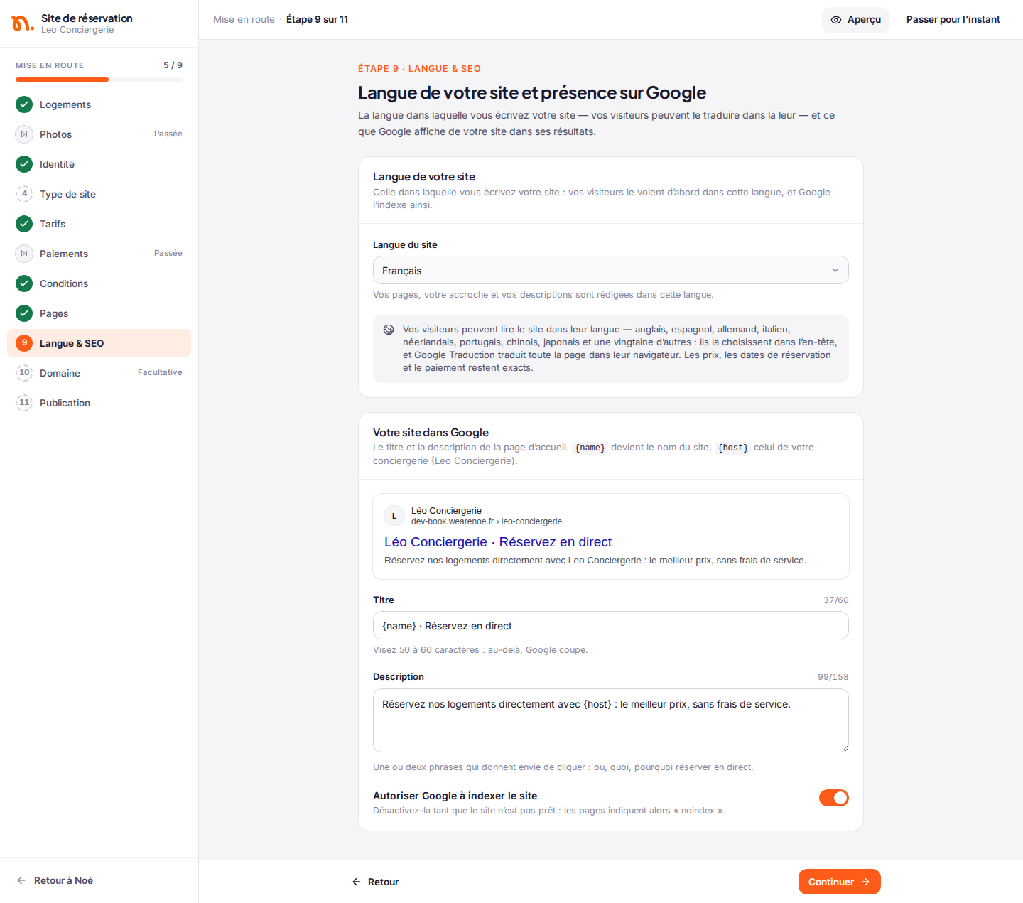 Étape 9 de l’assistant : langue du site, titre et description pour Google avec l’aperçu du résultat