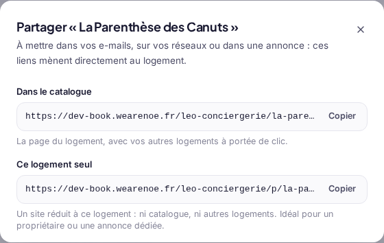 La fenêtre « Liens de partage » : le lien dans le catalogue et le lien du logement seul