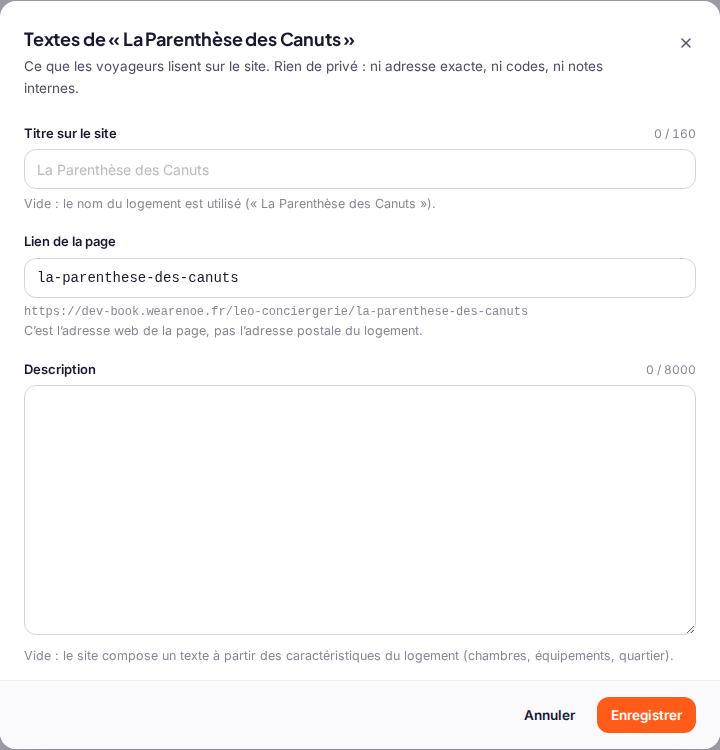 La fenêtre « Textes et lien » d’un logement : titre sur le site, lien de la page et description