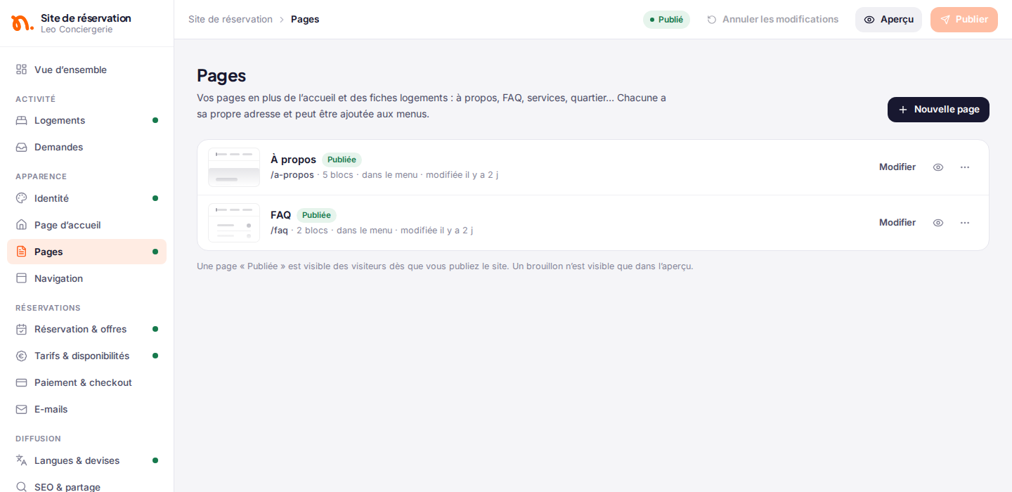 La section « Pages » : les pages « À propos » et « FAQ », publiées, avec les boutons « Modifier » et « Nouvelle page »