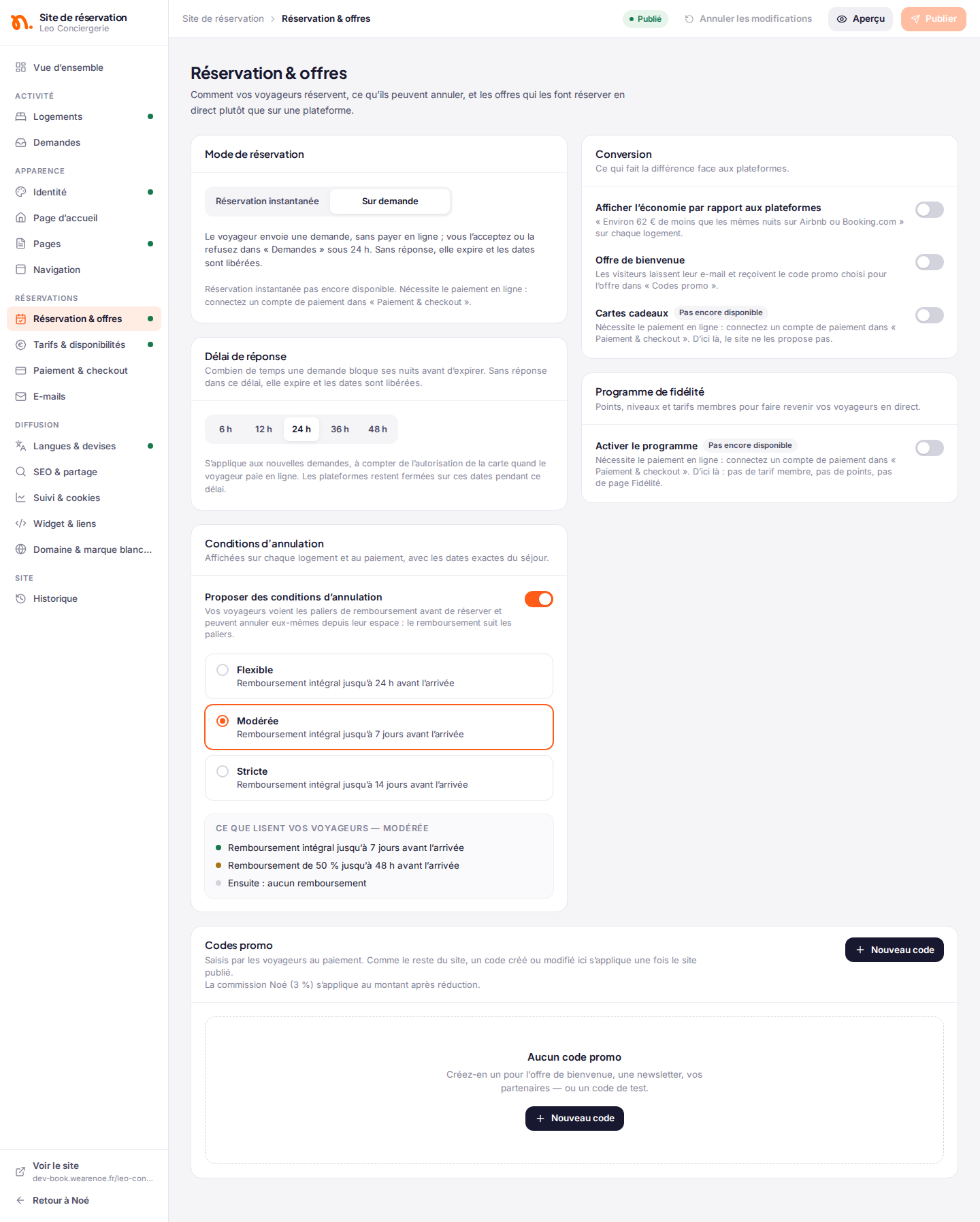 La section « Réservation & offres » : mode de réservation, délai de réponse, conditions d’annulation, conversion, fidélité et codes promo