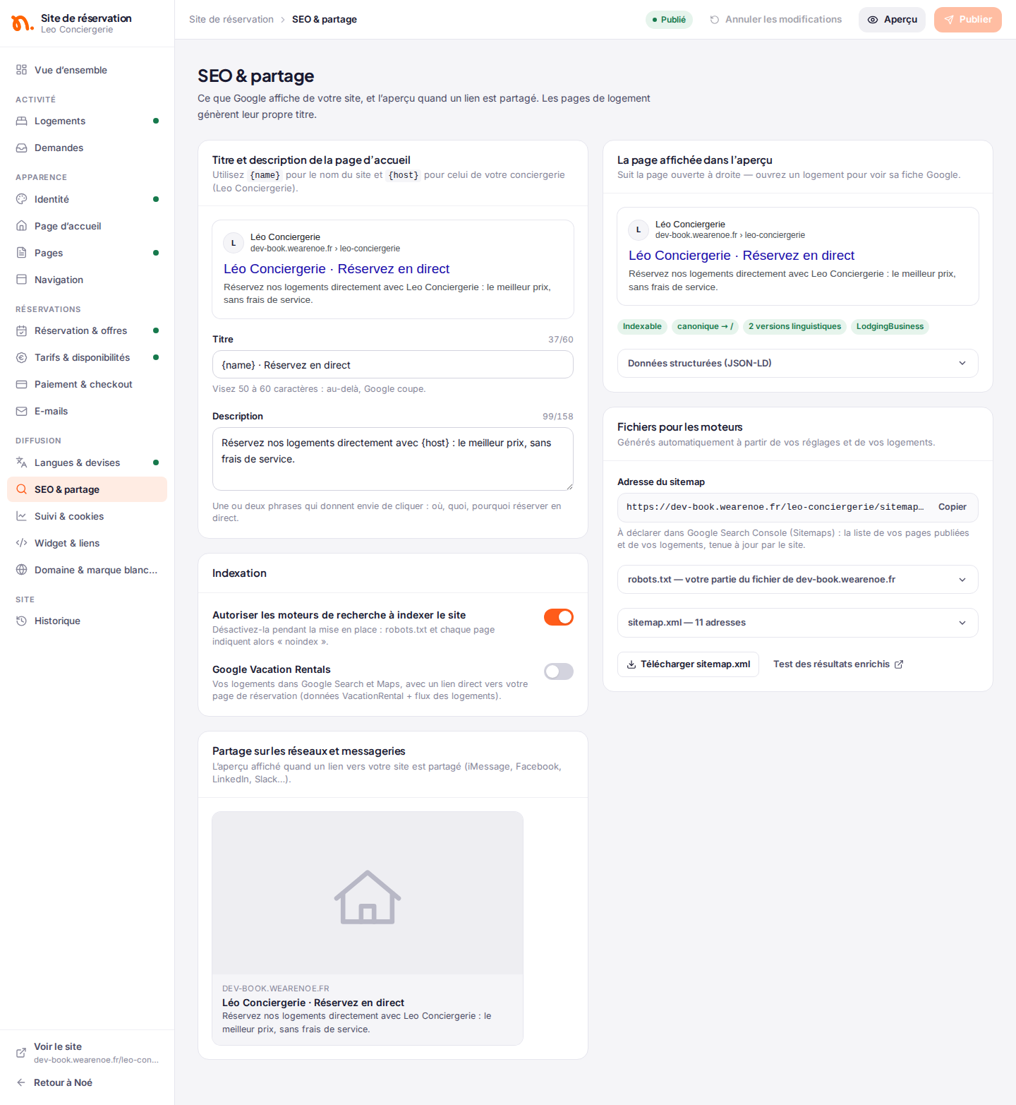 La section « SEO & partage » : titre et description, indexation, aperçu de partage, page affichée dans l’aperçu et fichiers pour les moteurs