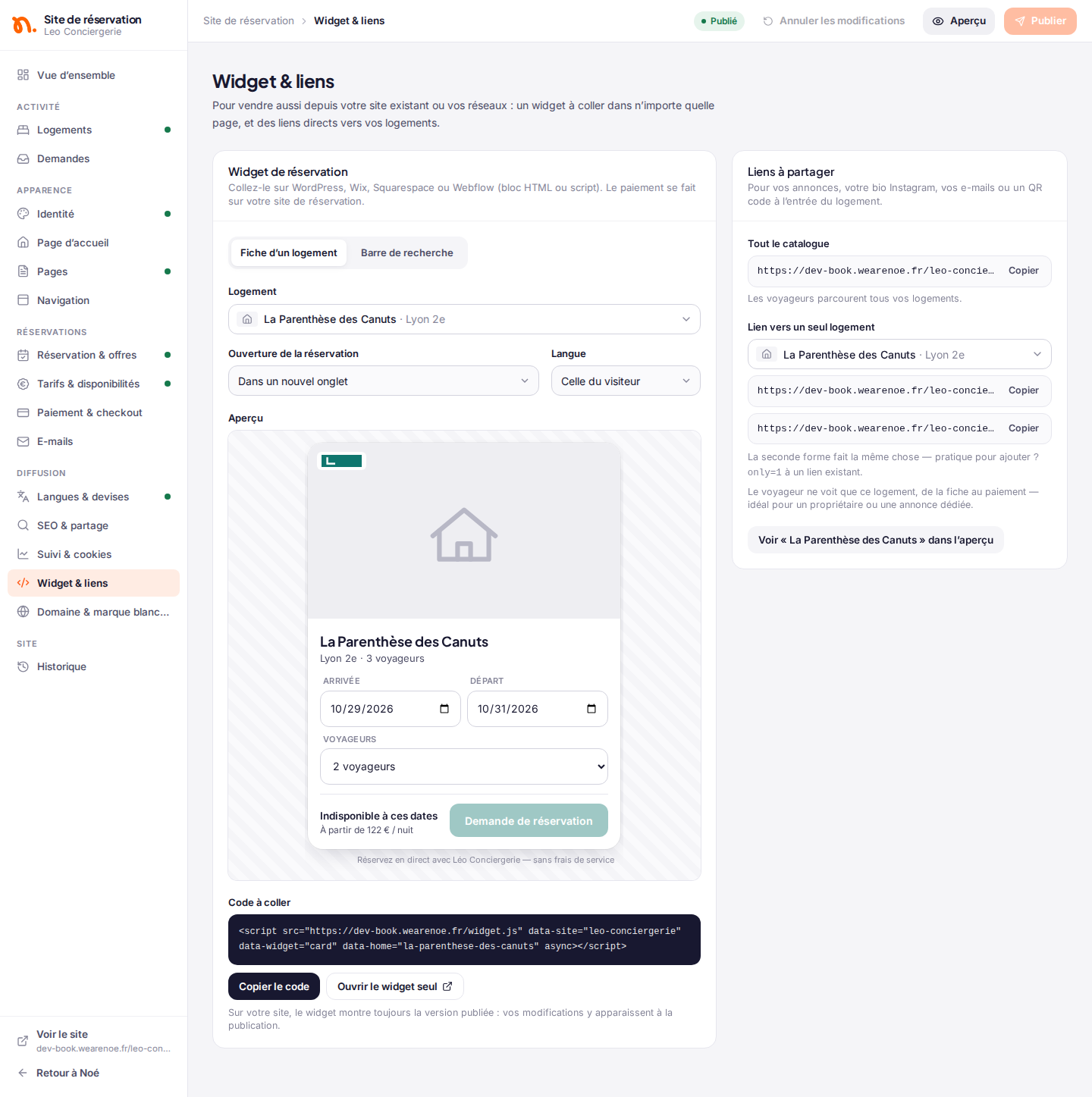 La section « Widget & liens » : le widget de réservation avec son aperçu et son code, et les liens à partager
